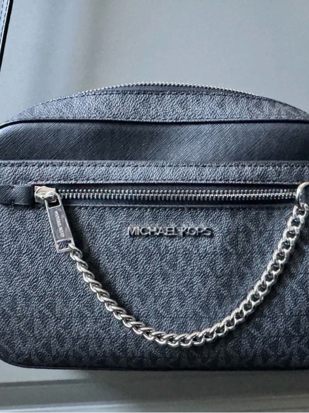 MICHAEL Michael Kors Black Leather Crossbody with Silver Chain